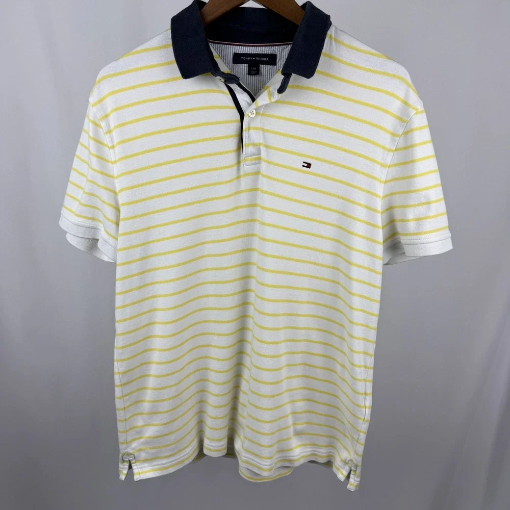 Tommy Hilfiger Men's‎ Large Polo Shirt White Yellow Stripes Blue Collar